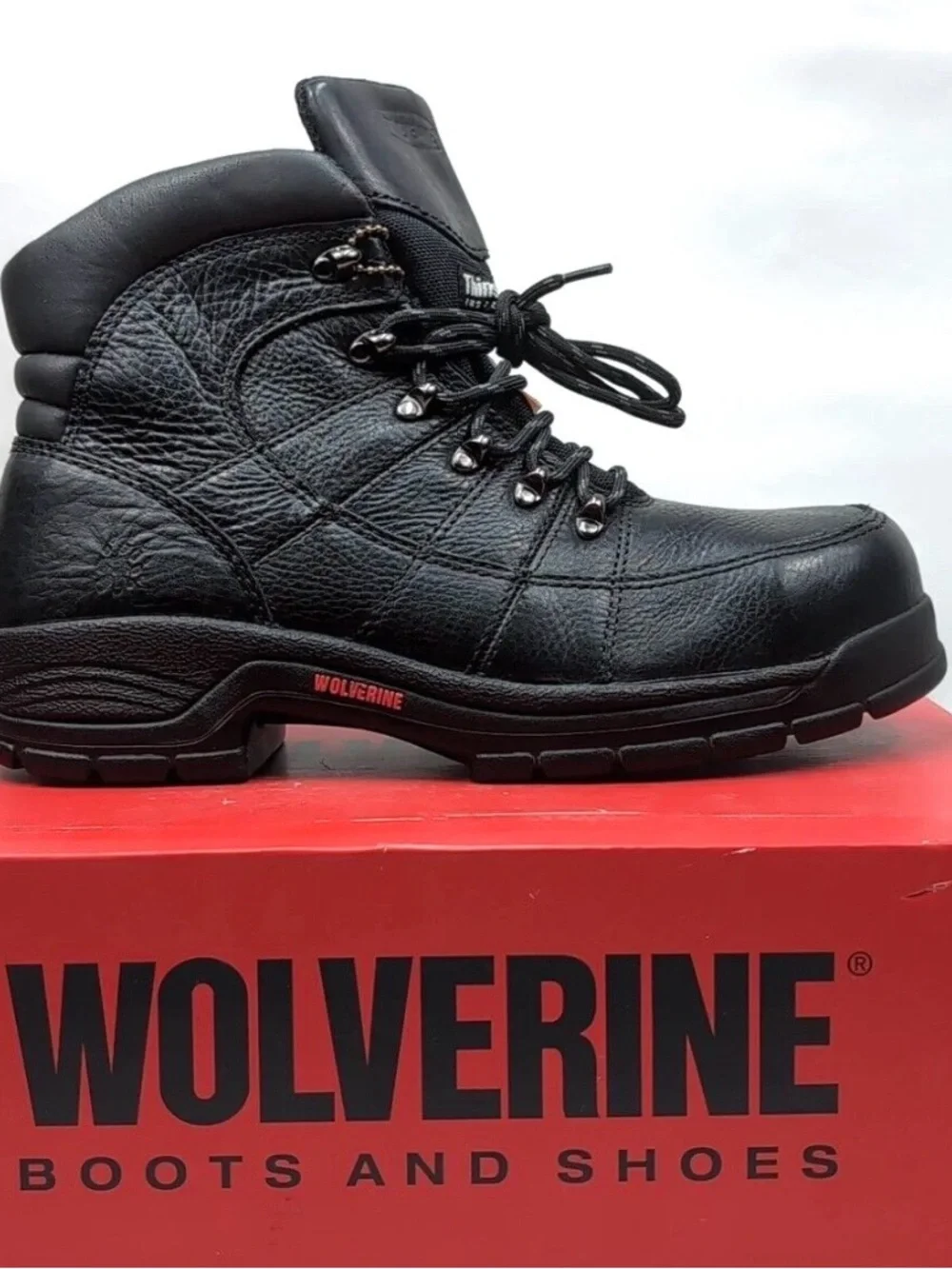 NIB Wolverine Black Leather Work Boot with Red Logo Accent womens 10 EW